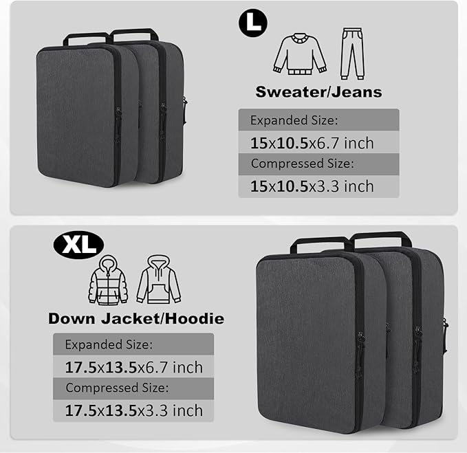 Extra Large Compression Packing Cubes for Travel Essentials, 2 Set Expandable Travel Cubes for Packing Compression Bags Luggage Suitcase Organizer, Black