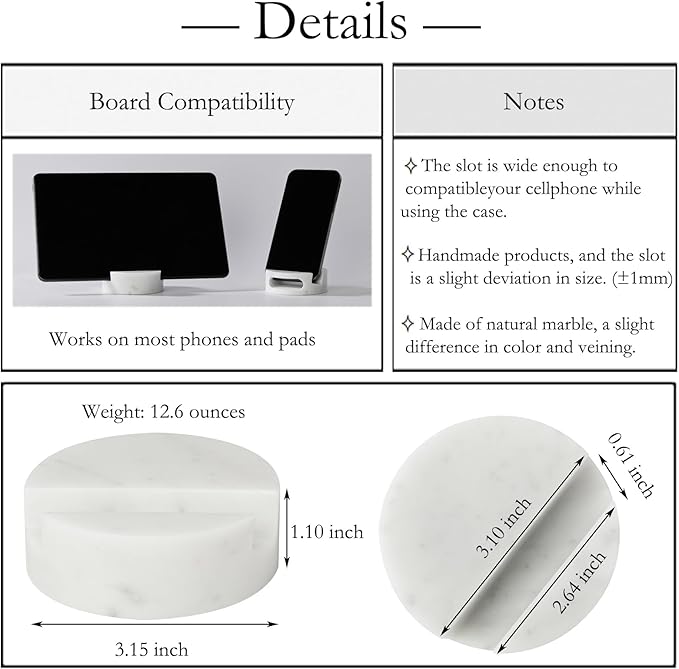Marble Phone Stand for Desk, Cell Phone Holder for Kitchen Countertops, Office iPhone Stand, Cute Boho Modern Accessories, Italy Carrara(Matte-Finished)