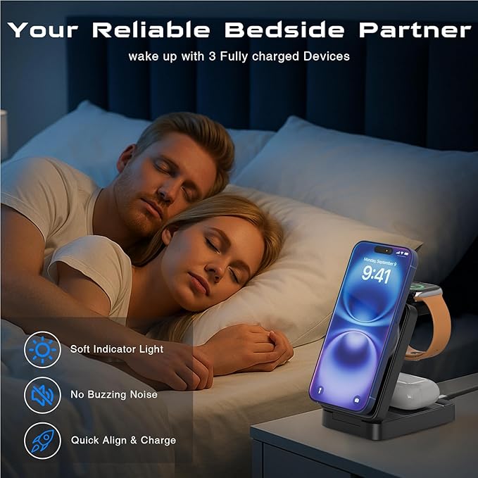 3 in 1 Wireless Charger Station for Multiple Apple Devices,Portable Magnetic Charging Foldable Stand for iPhone 16 15 14 13 12 11 ProMax/Airpods/Fast Travel Charger with MagSafe for Apple Watch Series