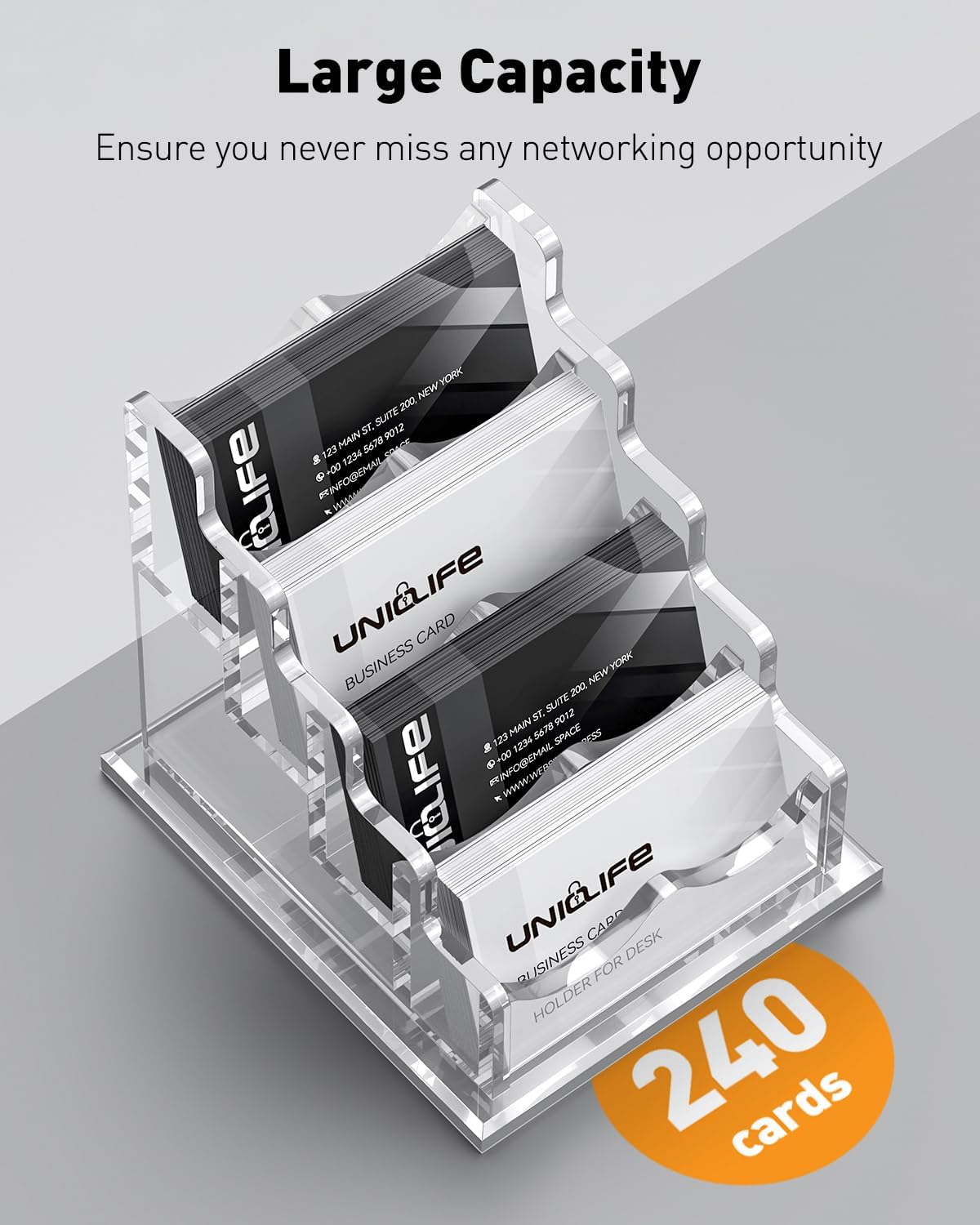 Uniclife Acrylic Business Card Holder for Desk 4 Slots Clear Horizontal Business Card Display Stand for Men & Women Desktop Name Card Organizer Card Stand for Office Home Exhibition, 240 Card Capacity