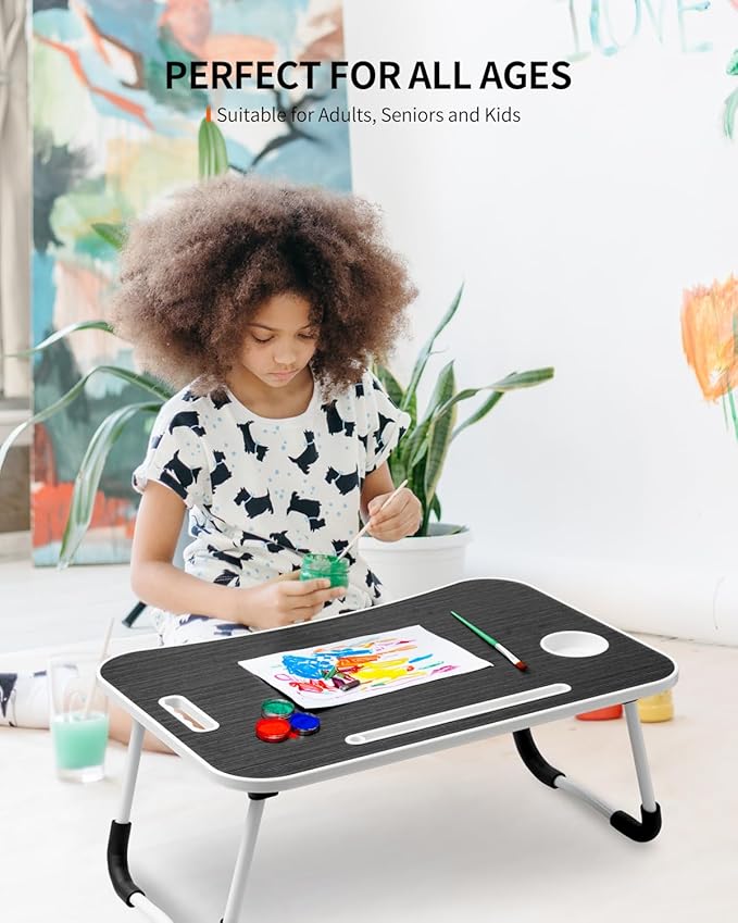 Foldable Laptop Table, Portable Lap Desk Bed Table Tray, Laptop Stand with Cup Holder & Tablet Slot & Lifting Handle for Working Writing Drawing & Eating (Black)
