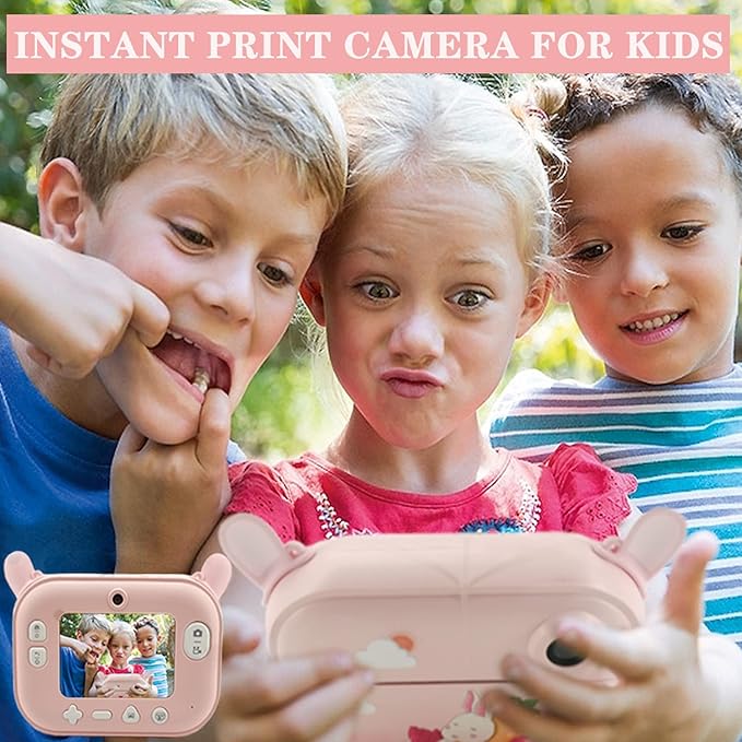 Kids Camera Instant Print Camera with 12 Rolls Refill Print Paper, Christmas Birthday Gifts for Girls Toy Pink Camera Digital Video Selfie Print That Photos Camera with 32GB TF Card