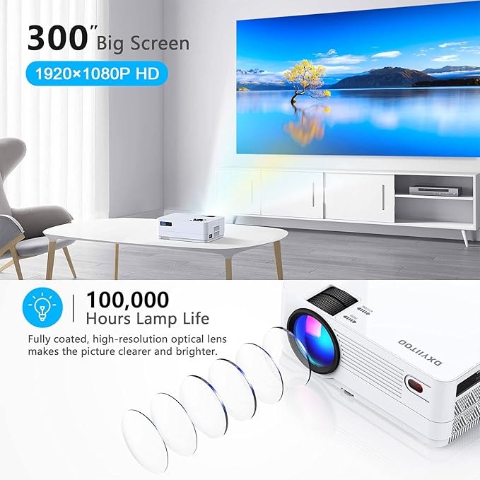 Native 1080P Projector with WiFi and Two-Way Bluetooth, Full HD Movie Projector for Outdoor Movies, 300" Display Projector 4k Home Theater, Compatible with iOS/Android/PC/XBox/PS4/TV Stick/HDMI/USB