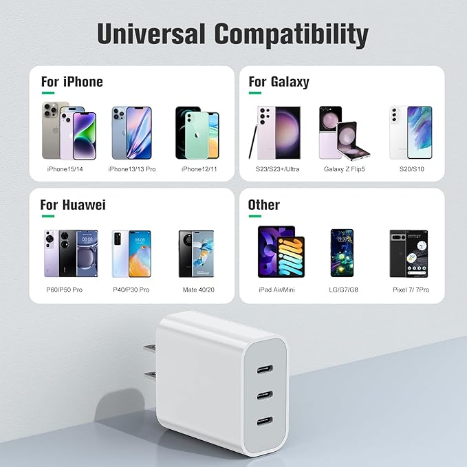 USB C Charger Block, Amoner 35W 3-Port USB C Charger, iPhone Charging Adapter with PD 3.0 Power Delivery Compatible with iPhone 16/16 Pro/15/14/13/12/11, Galaxy, Pixel and More