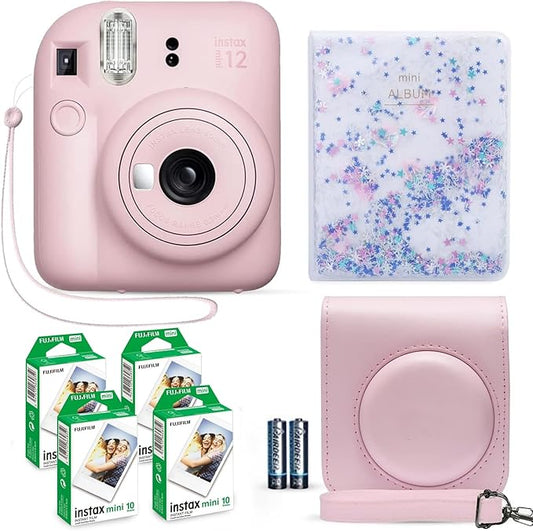 Fujifilm Instax Mini 12 Instant Camera Blossom Pink + Fuji Film Value Pack (40 Sheets) + Shutter Accessories Bundle, Incl. Compatible Carrying Case, Quicksand Beads Photo Album 64 Pockets