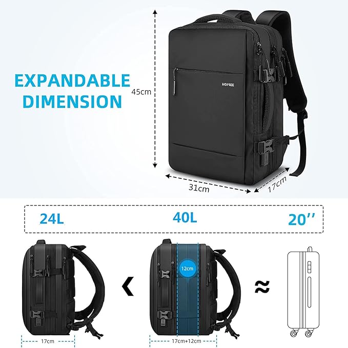HOMIEE Travel Laptop Backpack TSA Friendly Flight Approved Carry-on Bags with USB Charging Port, Expandable Luggage Daypack Extra Large Suitcase Durable Weekender Bag, Black