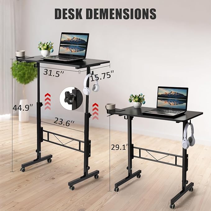 SIDUCAL Standing Desk Adjustable Height, Small Mobile Table with Wheels, Rolling Desk for Standing or Sitting, Portable Computer Desk for Walking Pad, Black