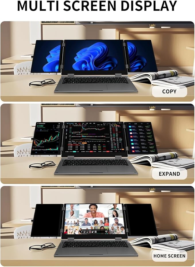 Triple Screen Laptop,16” Main + Dual 10.5” Monitors, Core i7-1270P, 32GB RAM,2TB SSD, Windows 11 Pro,Wi-Fi 6,BT 5.2,Face & Fingerprint Unlock,USB-C,HDMI for Business/Design/Stock Trading