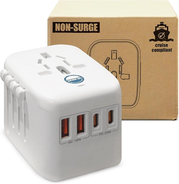 Cruise On Universal Travel Adapter, Cruise Approved (Incl. Royal Caribbean, Disney) - International Power Adapter [2 USB-C, 2 USB, AC] World Travel Plug Adapter Converter - USA, Italy, Europe, Asia