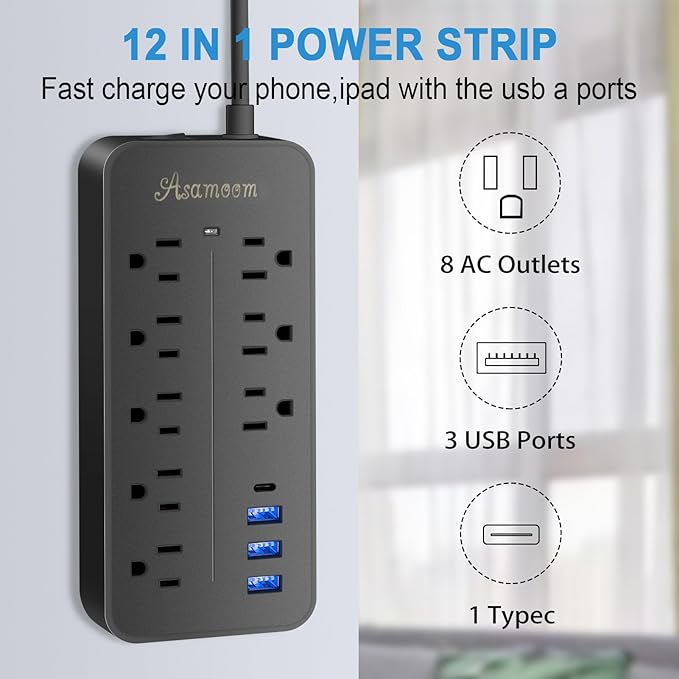 15FT Surge Protector Power Strip Extension Cord with USB C, Asamoom Flat Plug Power Strip with Long Cord, 8 Outlets and 3 USB A & 1 USB-C Port,1700J Wall Mount Desk Multiple Outlets Black ETL Listed