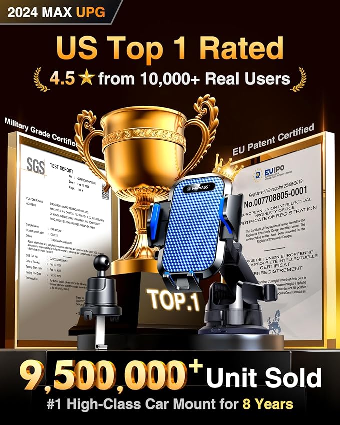 VANMASS Ace Car Phone Holder Mount New Upgraded [Military Steel Hook & Super Suction Cup] Handsfree Cell Phone Holder Car Dash Windshield Air Vent Stand for iPhone 14 13 12 Pro Max Samsung Truck,Blue