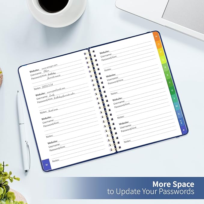 Password Book with Alphabetical Tabs, Password Keeper Book for Seniors, Individual & Colorful Tabs, Spiral Hardcover Password Notebook for Website Logins, 5.7" x 7.7", Navy Blue