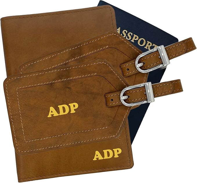 Personalized Monogrammed Antique Saddle Leather RFID Passport Wallet and 2 Luggage Tags