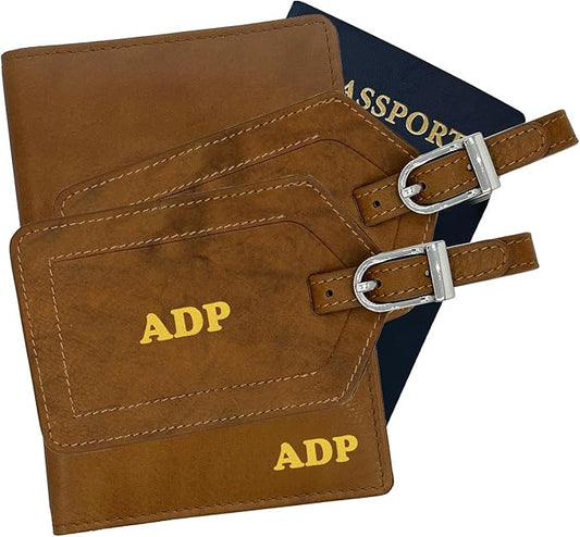 Personalized Monogrammed Antique Saddle Leather RFID Passport Wallet and 2 Luggage Tags
