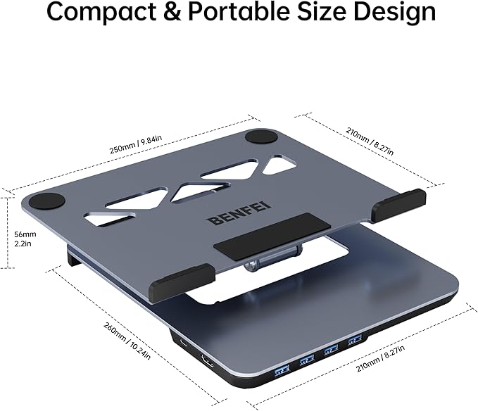 BENFEI Laptop Stand with USB C 6in1 Docking Station, HDMI 4K@60Hz, 4*USB3.0, 100W PD Compatible with MacBook Pro/Air, iPad Pro, XPS, Thinkpad