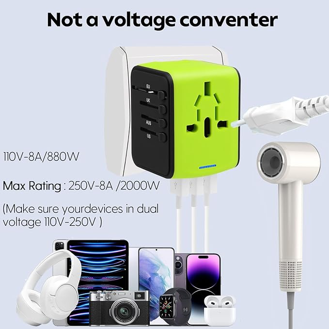 JMFONE International Travel Adapter 2 USB-C & 2 USB-A Ports and Multi AC Sockets,Universal Power Adapter Worldwide All in One High Speed 2.4A Perfect for 200+ Countries (Green)