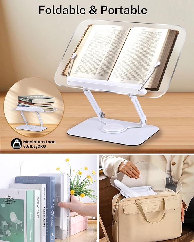 ASIEIT Book Stand for Reading, Acrylic Adjustable Book Holder with 360° Rotating Bases & Elastic Page Clips, Foldable Desktop Riser, Multifunctional Display Stand for Bible, Laptop, Recipe, Textbook