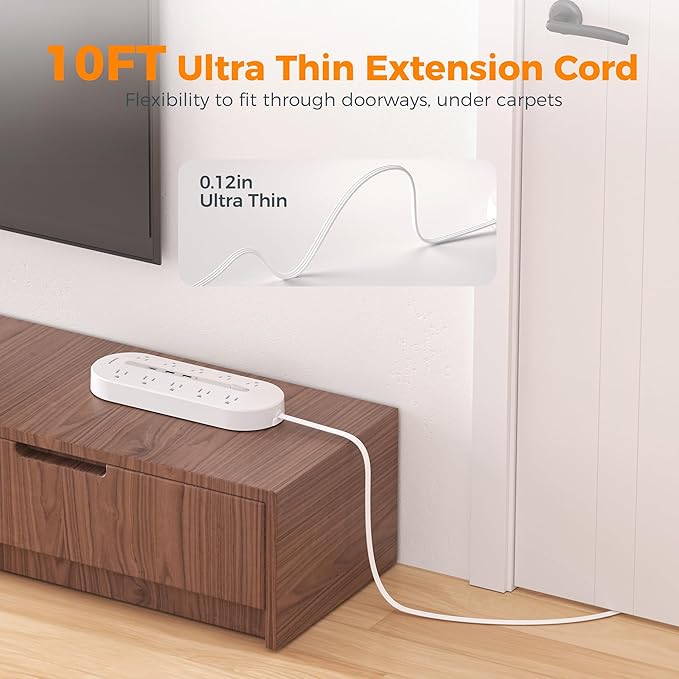 TESSAN Surge Protector Power Strip 10 Ft Extension Cord, 10 AC Outlet Extender with 3 USB (1 USB C), Flat Extension Cord with Multiple Outlets, Flat Plug Power Strip for Home, Office, Dorm Essentials