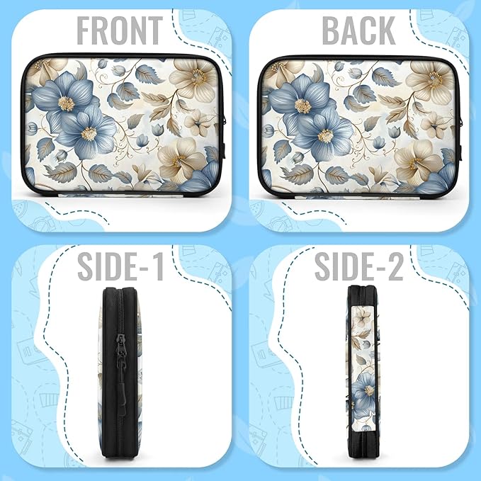 Blue White Flowers Electronics Travel Organizer Case, Tech Accessories Cable Storage Bag for Cords, Charger, Phone, Hard Drive