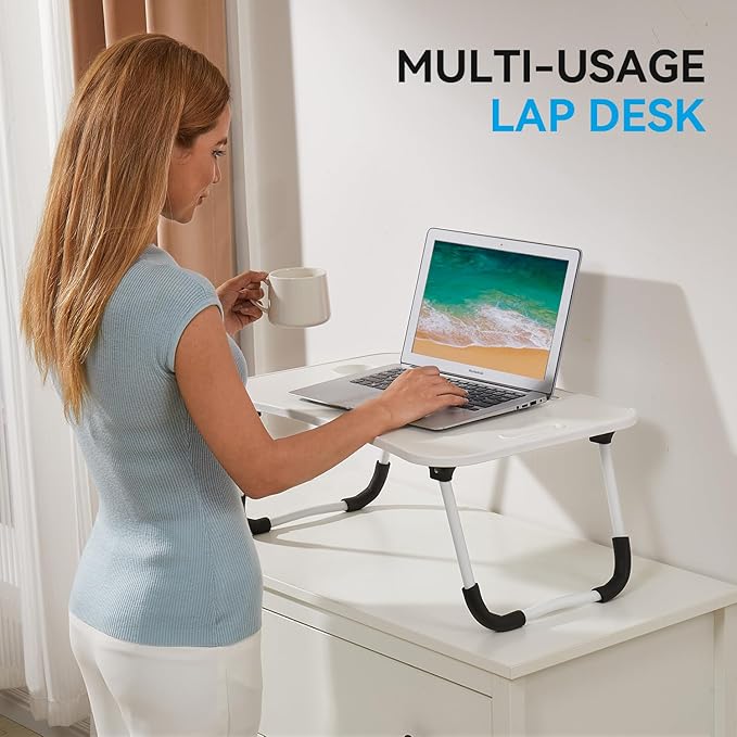 BUYIFY Folding Lap Desk, 23 Inch Portable Wood White Laptop Bed Desk Lap Desk with Cup Holder, for Working Reading Writing, Eating, Watching Movies for Bed Sofa Couch Floor