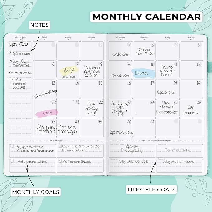 GoGirl Planner PRO Schedule - Undated Planner with Hourly Time Slots, Monthly, Weekly & Daily Organizer, Appointment Book for time Management, 7"x10" Hardcover, Lasts 1 Year - Turquoise