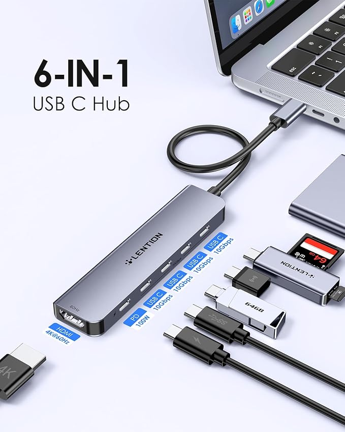 LENTION 6-in-1 USB C Hub Dock with 4K @60HZ HDMI Display, 4 USB-C Ports (USB 3.2 Gen 2, 10 Gbps), PD 100W Charging and for iPhone15 Series, New MacBook Pro, Mac Air, More (CE33, Space Gray)