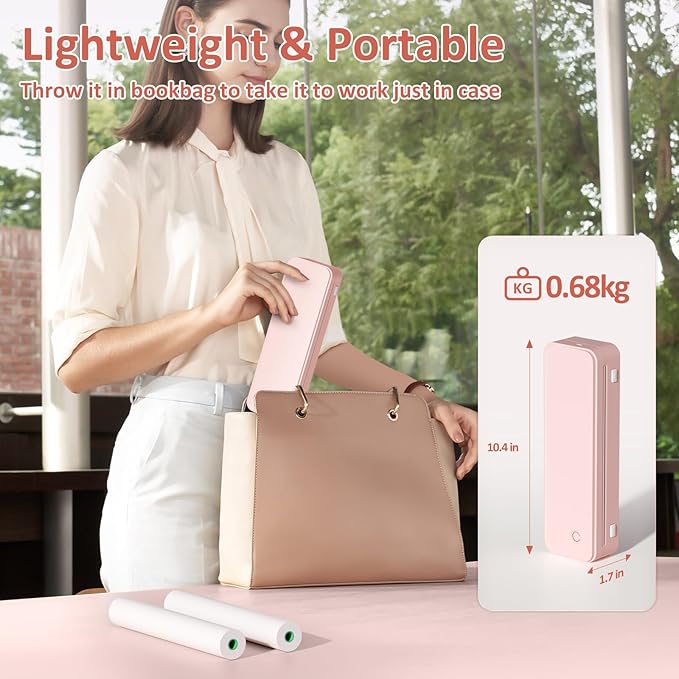 Inkless Portable Printer for Travel, Wireless Thermal Printer Supports 8.5 x 11 Inch US Letter Size, Bluetooth Machine Includes Carry Case and 3 Rolls of Thermal Paper Kit, Pink