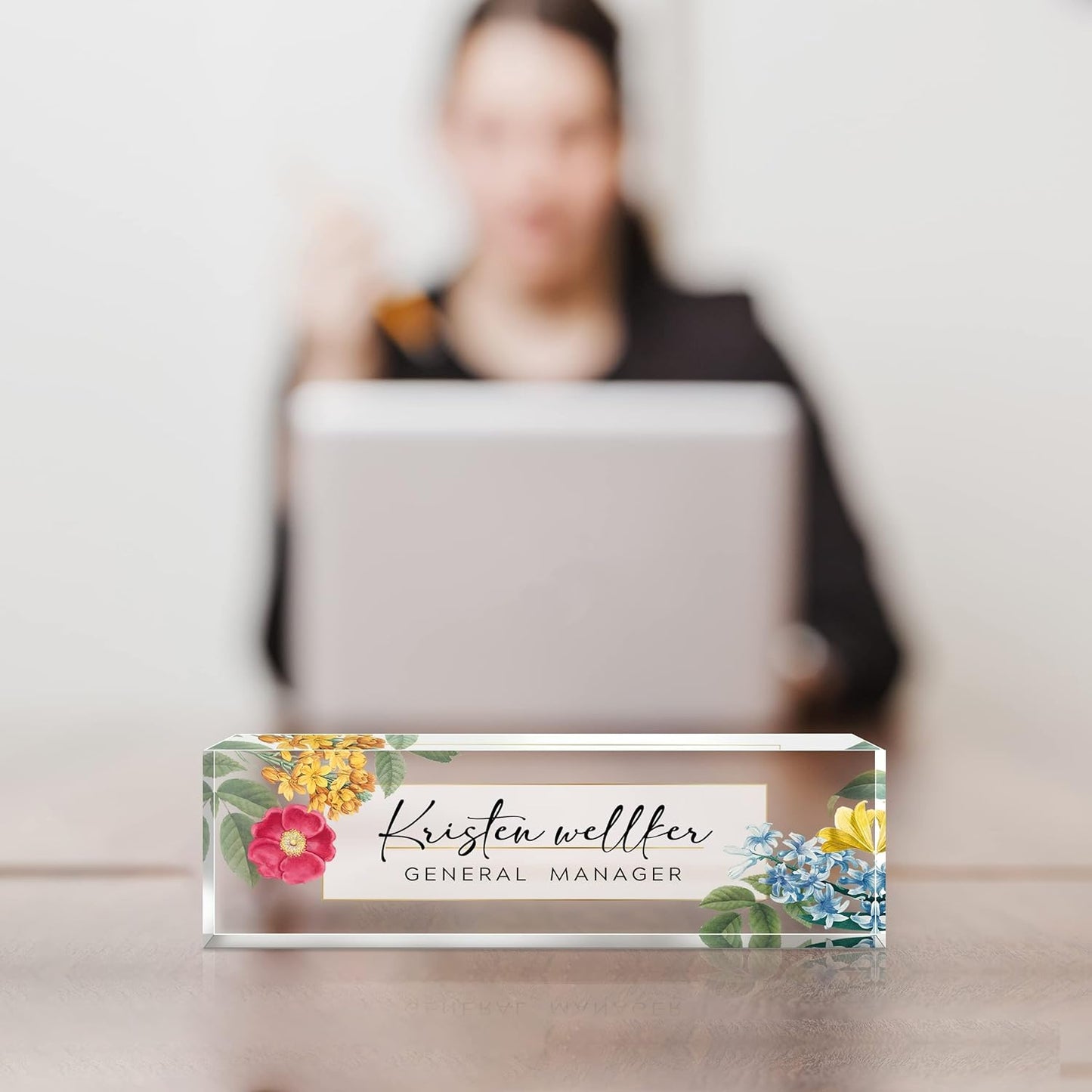 Desk Name Plate Personalized, Premium Plum Blossom Hyacinth Acrylic Desk Name Plate, Personalized Name Plate for Desk, Office Decor for Women or Men Coworkers, Boss, Employee, Teacher