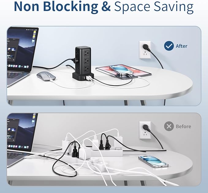 Surge Protector Power Strip 6.5 FT Cord, Power Strip Tower with 4 USB Ports (1USB C), Extension Cord with 12 AC Multiple Outlets, Home Office Supplies Desk Accessories, Dorm Room Essentials