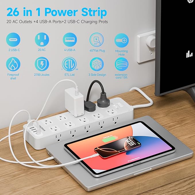 Power Strip Surge Protector Flat Plug with 20 AC Outlets 6 USB Chagring Ports, 1875W/15A, 2700J, 15 Ft Heavy Duty Extension Cord for Home, Office, Dorm, Gaming,ETL Listed (White, 15Feet)