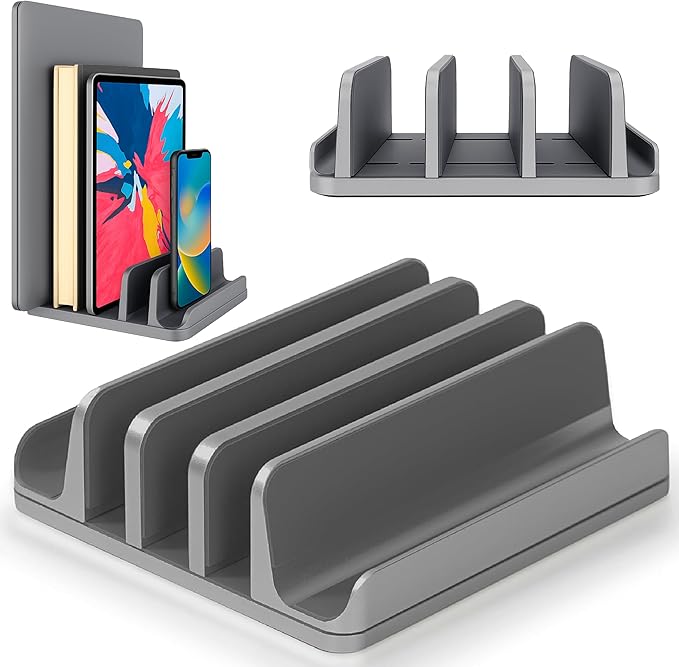 Multiple Laptop Holder Vertical – Adjustable Laptop Vertical Stand Holds 5 Devices, Fits All MacBooks Laptops Tablets and Mobiles (up to 17.3”). Closed Upright Vertical Laptop Stand for Desk