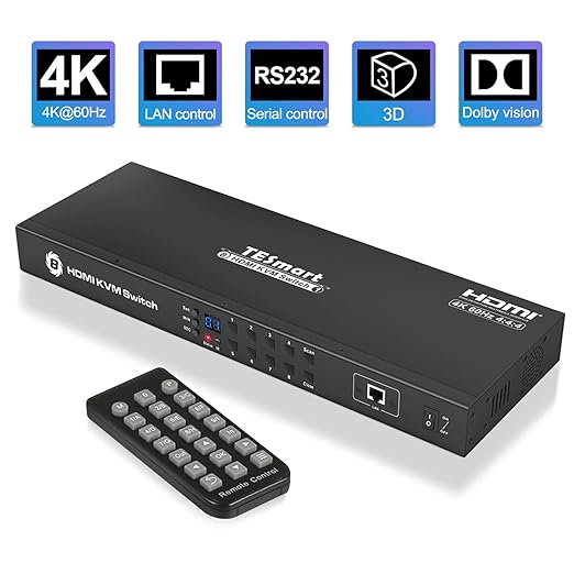 TESmart 8X1 HDMI KVM Switch 8 Port Enterprise Grade Support 4K@60Hz Ultra HD | RS232 | LAN Port | IP Control | Auto Scan | Rackmount [Control up to 8 PCs w/One Video Monitor, Keyboard, Mouse]