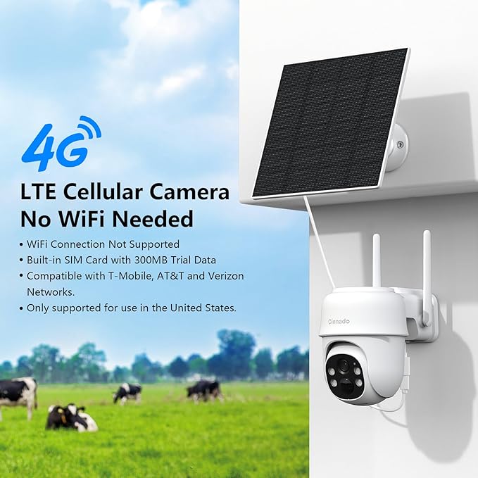 4G LTE Cellular Security Camera-No WiFi Outdoor Camera Wireless with 5W Solar Panel, 2K 360° Color Night Vision, PIR Motion, TF Card Storage, Works with Alexa, SIM Card Included, B6 4G 1P