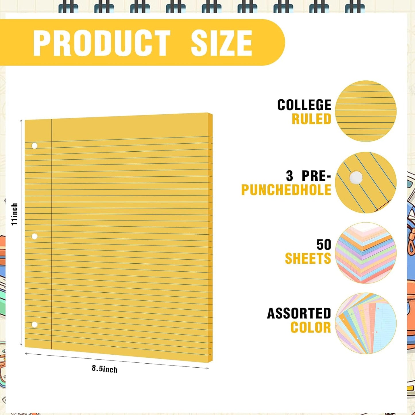 PerKoop 600 Sheets Colored Loose Leaf Paper 8.5" x 11" college ruled Lined 3 Hole Punched notebook Filler Paper for 3 Ring Binders Office School Supplies (Many Color)