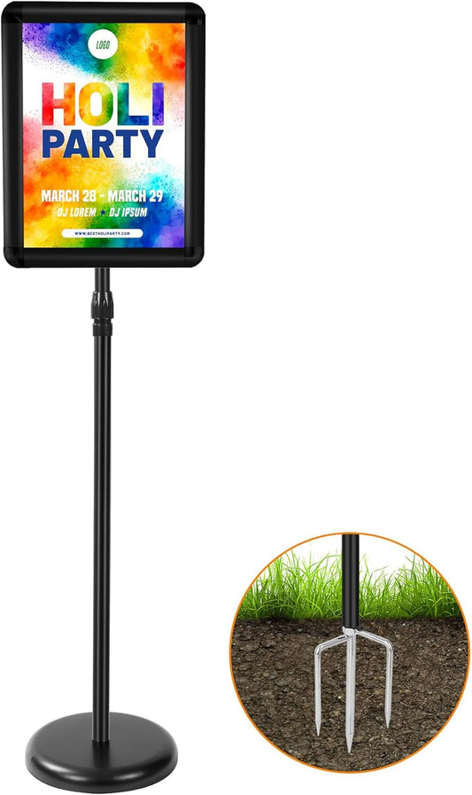 Sign Holder Stand 8.5 x 11, With 3-Prong-Base & Round Base, Poster Stand Aluminum Snap Open Frame for A4 Size Outdoor Indoor Sign Stand, Height Adjustable-Black