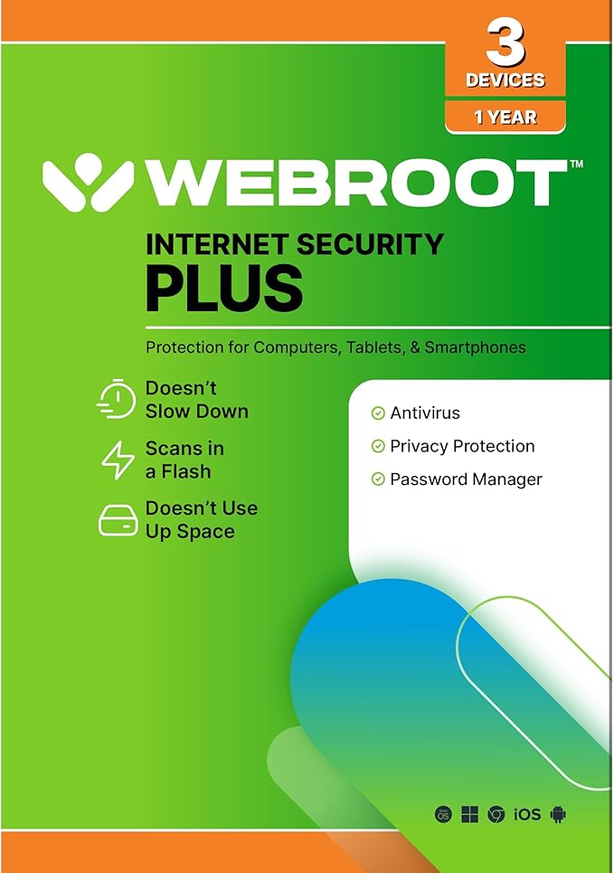 Webroot Internet Security Plus | Antivirus Software 2025 | 3 Device | 1 Year Keycard for PC/Mac/Chromebook/Android/IOS + Password Manager | Packaged Version