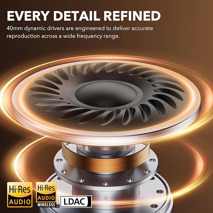 1Mii Y8+ Noise Cancelling Headphones Bluetooth, Wireless LDAC Hi-Res Audio, Custom EQ via App, 75H Playtime, Comfort Fit, Over Ear Headphones Foldable for Airplane Travel Home Office Black Grey