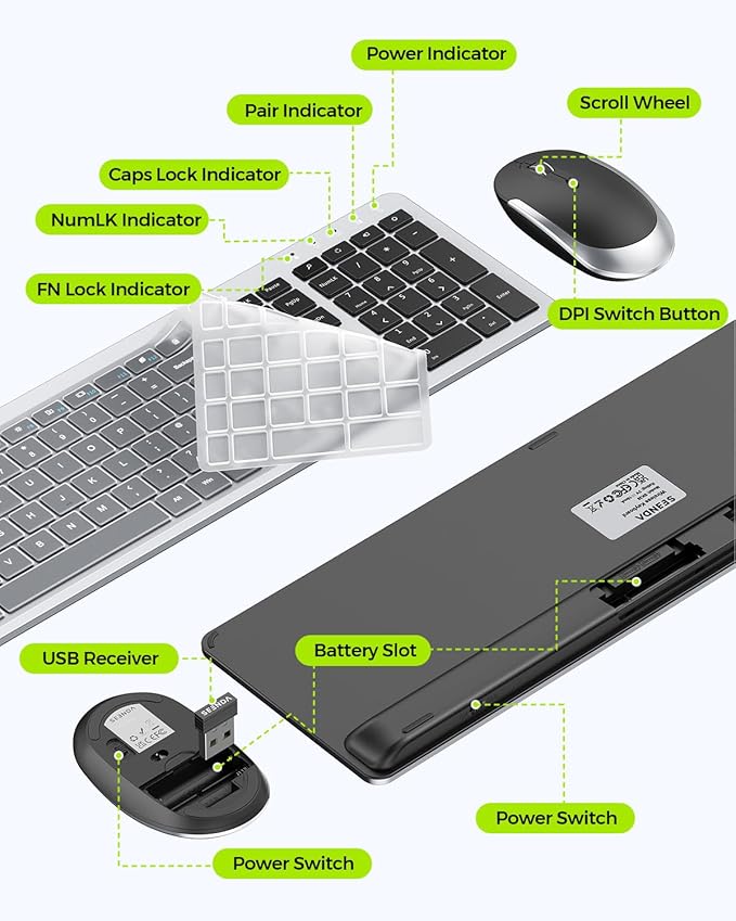 Wireless Keyboard and Mouse Combo - seenda Full Size Slim Thin Wireless Keyboard Mouse with On/Off Switch on Both Keyboard and Mouse - (Black and Silver)