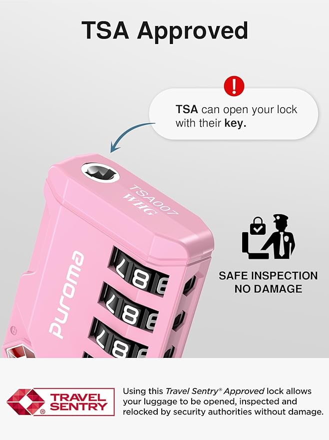 Puroma TSA Approved Luggage Locks, 2 Pack 4 Digit Resettable Travel Combination Code Lock with Zinc Alloy Body for Suitcase, Backpack, Laptop Bag, Gym Locker, Toolbox (Pink)