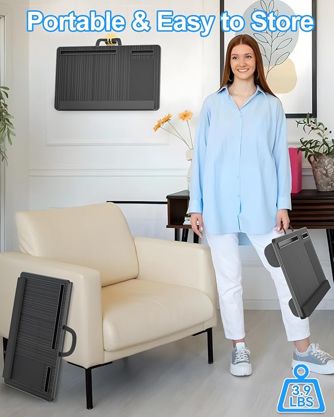 Laptop Lap Desk, Portable Large Laptop Desk for Bed, Up to 17 Inch Lap Pad Tray with Wrist Rest, Mouse Pad, Tablet Phone Slot, Portable Handle, Cushion (Black)