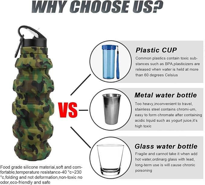 QiCheng&LYS Collapsible Water Bottle Sports Bottle 19.5OZ/580ml Travel Water Bottle for Men Women Kids. BPA Free Food Grade Silicone. (Army green camouflage)