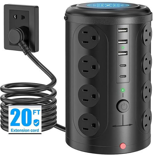 Power Strip Tower Surge Protector with 16 Outlets and 5 USB Ports (2 USB-C), 20FT Extension Cord with Multiple Outlets,Heavy Duty Charging Station,Home Office Dorm Room Essentials.No Wireless Charging