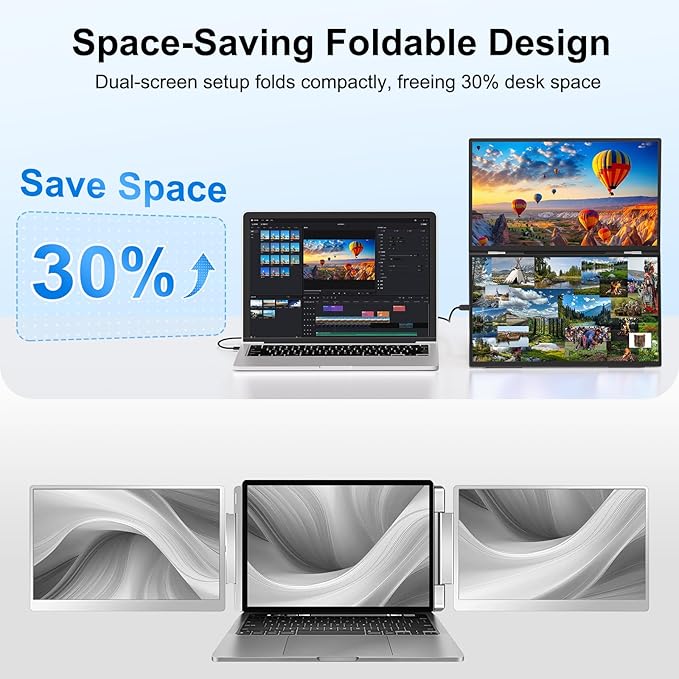 18.5'' Dual Portable Monitor FHD 1080P 100Hz USB-C HDMI External Folding Stacked Triple Monitor Built-in Stand Speakers for Laptop PC Windows Mac Portable Screen