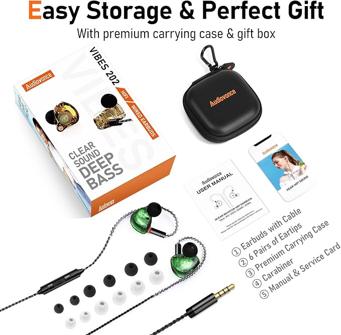 Vibes 202M Wired Earbuds - HiFi in Ear Monitor Headphones - Noise-Isolating Ear Buds w/ Mic - Clear Sound, Deep Bass & Comfort-Fit Gaming Earphones - MMCX to 3.5mm & Silver Plated Cord, Carrying Case