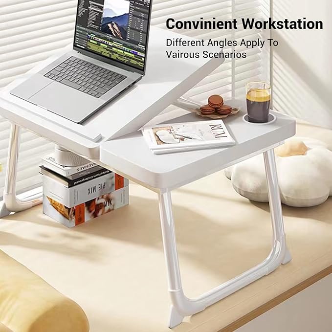 CloudTrip Laptop Desk for Bed or Couch, Lap Desk, Woking in Bed Desk, Home Office Desks, Breakfast Tray, Desk with Cup Holder, Watching Movies in Bed, Laptop Stand for Bed, Fordable Legs Desk (White)