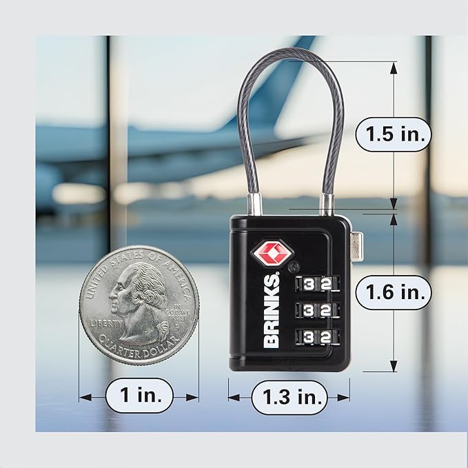 Brinks TSA Accepted Indicator Luggage Lock, Black - Resettable 3-Dial Combination, 1.5 inch Long Cable Shackle, New More Secure TSA008 Key, 2 Pack