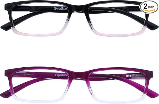 OPULIZE SEE Reading Glasses with Blue Light Blocking for Women and Men, Narrow Frame, Spring Hinges, Computer Gaming Glasses, Black to Pink,Purple +1.5 (Pack of 2)