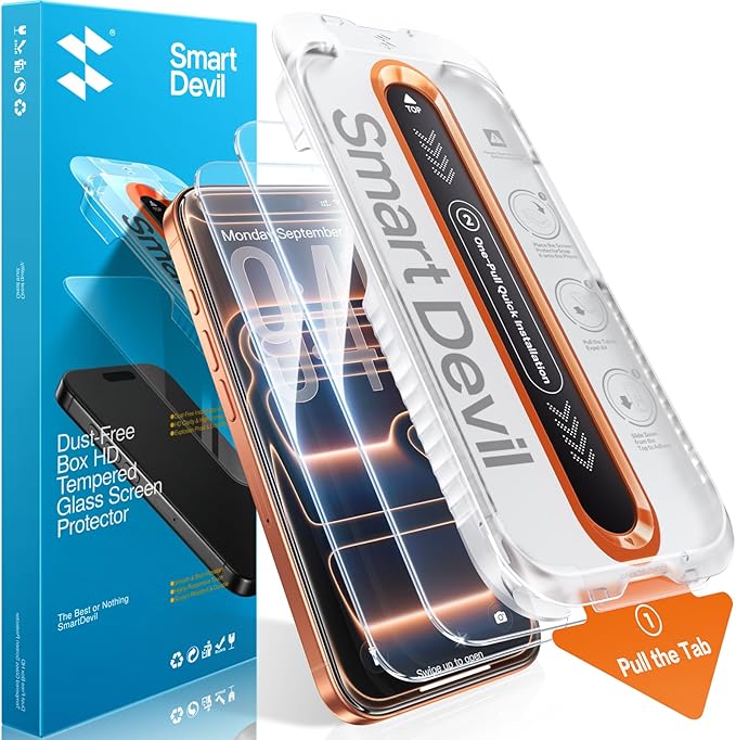 SMARTDEVIL 2 Pack Screen Protector for iPhone 17 Pro, 9H Hardness Military Grade Shatterproof HD Tempered Glass, Easy to Install, Bubble-Free and-Dust-Free Box
