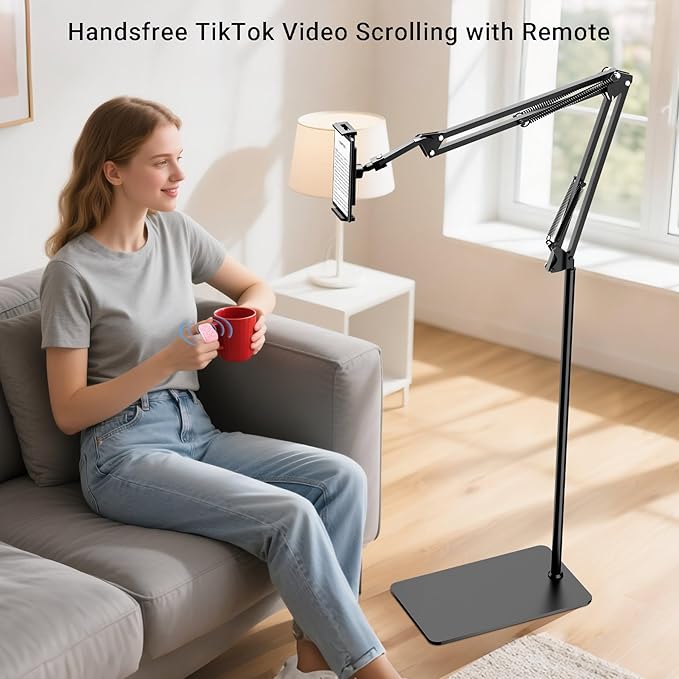 Floor Fire Tablet Stand for Reading in Bed with Page Turner Remote, Fire HD 8 9 10 Max Tablet Holder Accessories with Scrolling Ring Clicker Compatible with iPad iPhone Android Phones