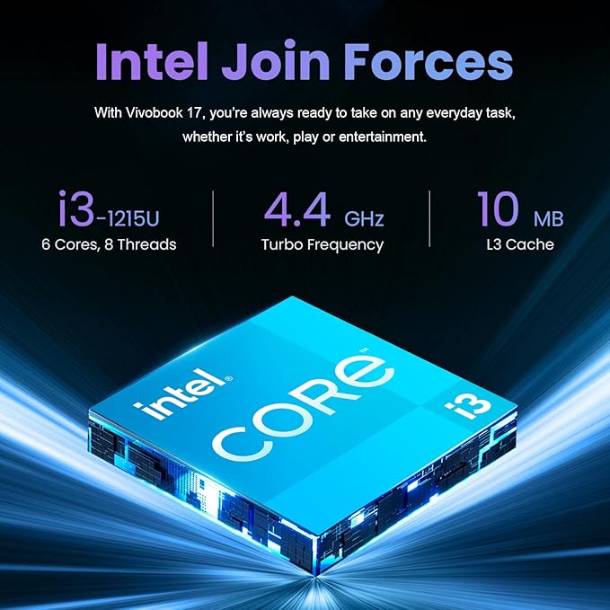 ASUS Vivobook 17 Laptop, 17.3" FHD Display, Intel Core i3, 8GB RAM, 512GB PCle SSD, Webcam, Wi-Fi, Bluetooth, HDMI, Windows 11 Home, Quiet Blue, Bundle with PCO Laptop Notebook Cooler